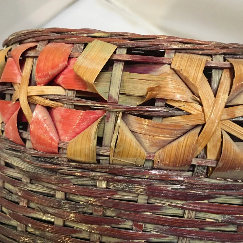 Woven Splint Basket OS Brown Pink Flower Pattern Square Basket Cottagecore